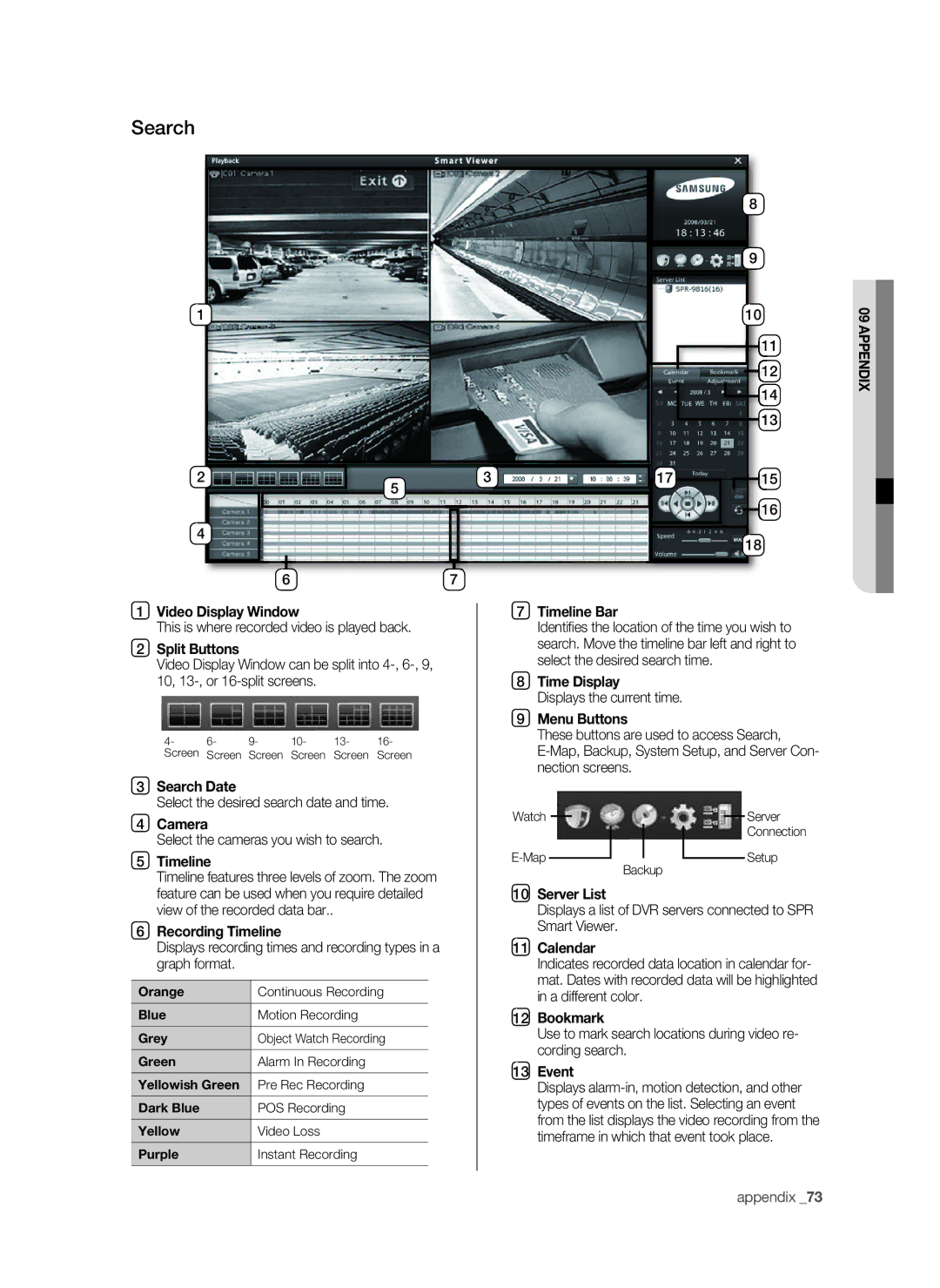 Samsung SHR-9716 user manual Search, This is where recorded video is played back, Server List, Bookmark, Event 