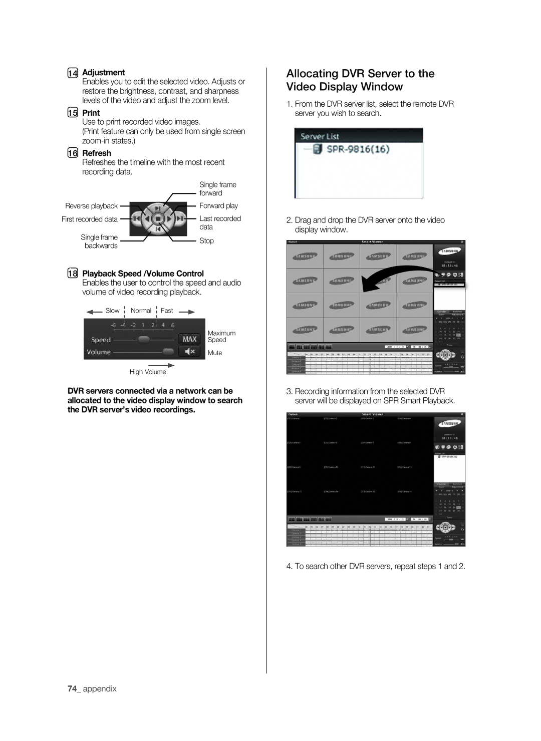 Samsung SHR-9716 user manual Allocating DVR Server to the Video Display Window, Adjustment, Playback Speed /Volume Control 