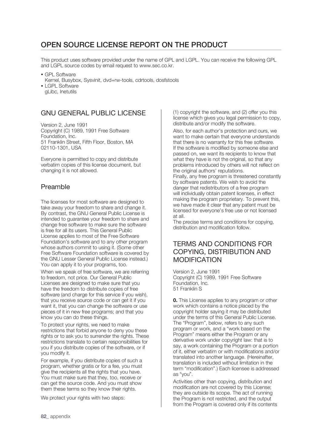 Samsung SHR-9716 user manual Open source license report on the product, Preamble, We protect your rights with two steps 