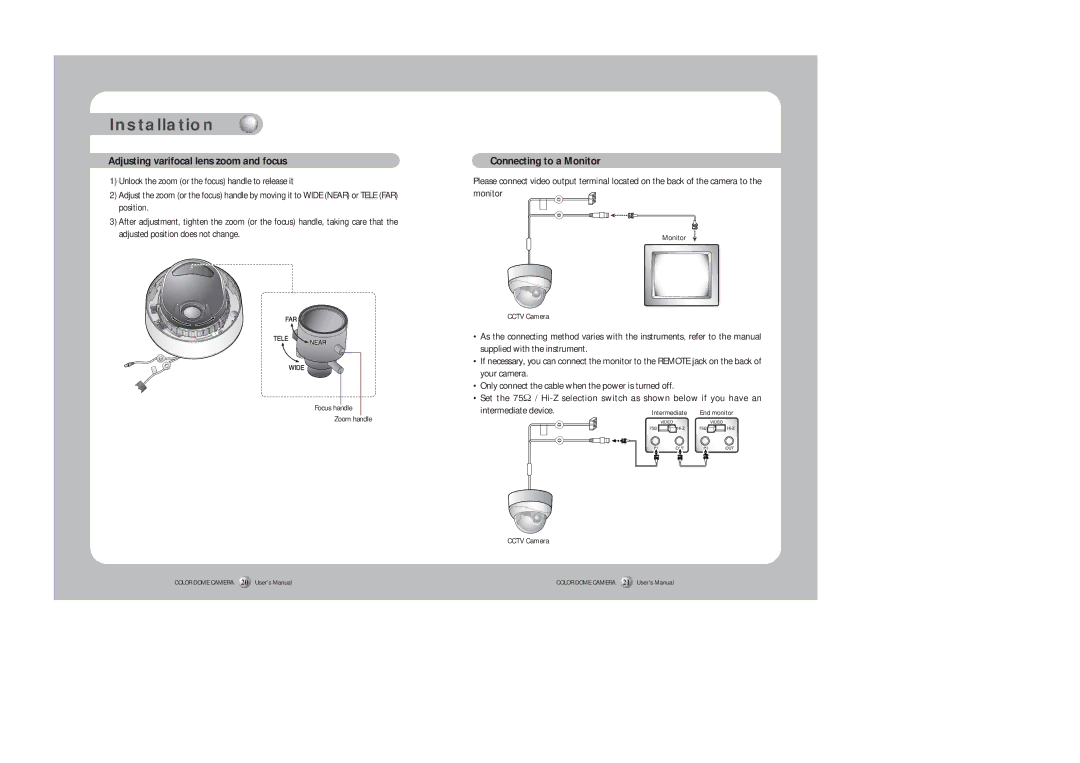 Samsung SID-450 instruction manual Adjusting varifocal lens zoom and focus, Connecting to a Monitor 