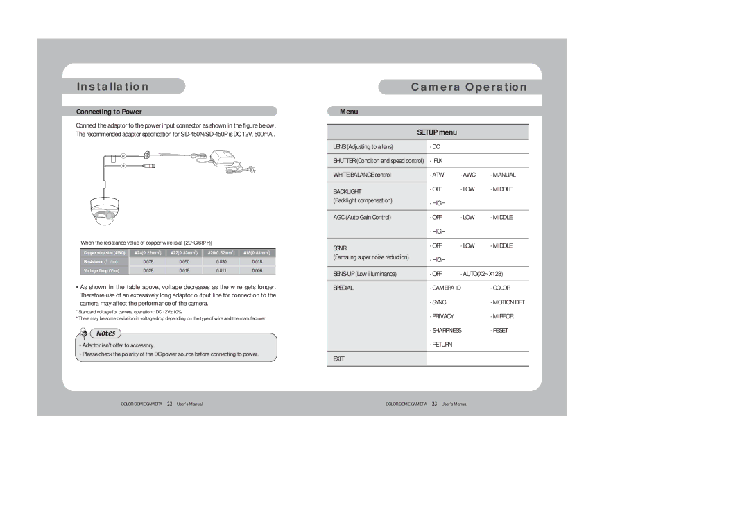 Samsung SID-450 instruction manual Camera Operation, Connecting to Power, Menu Setup menu 