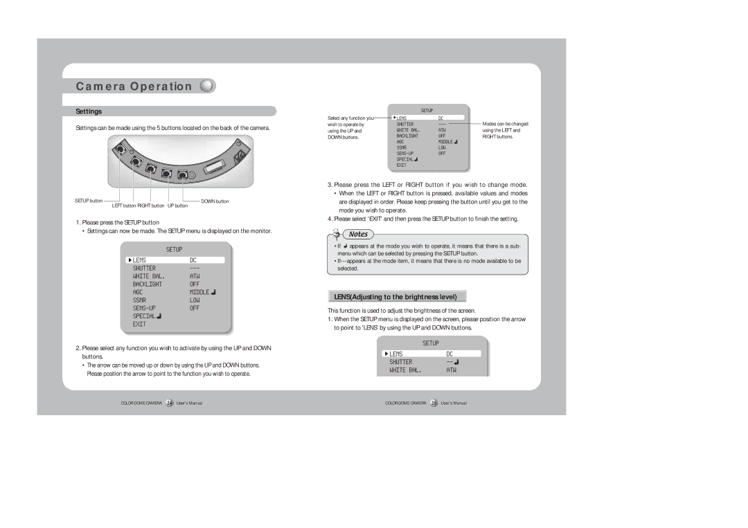 Samsung SID-450 instruction manual Settings, LENSAdjusting to the brightness level 