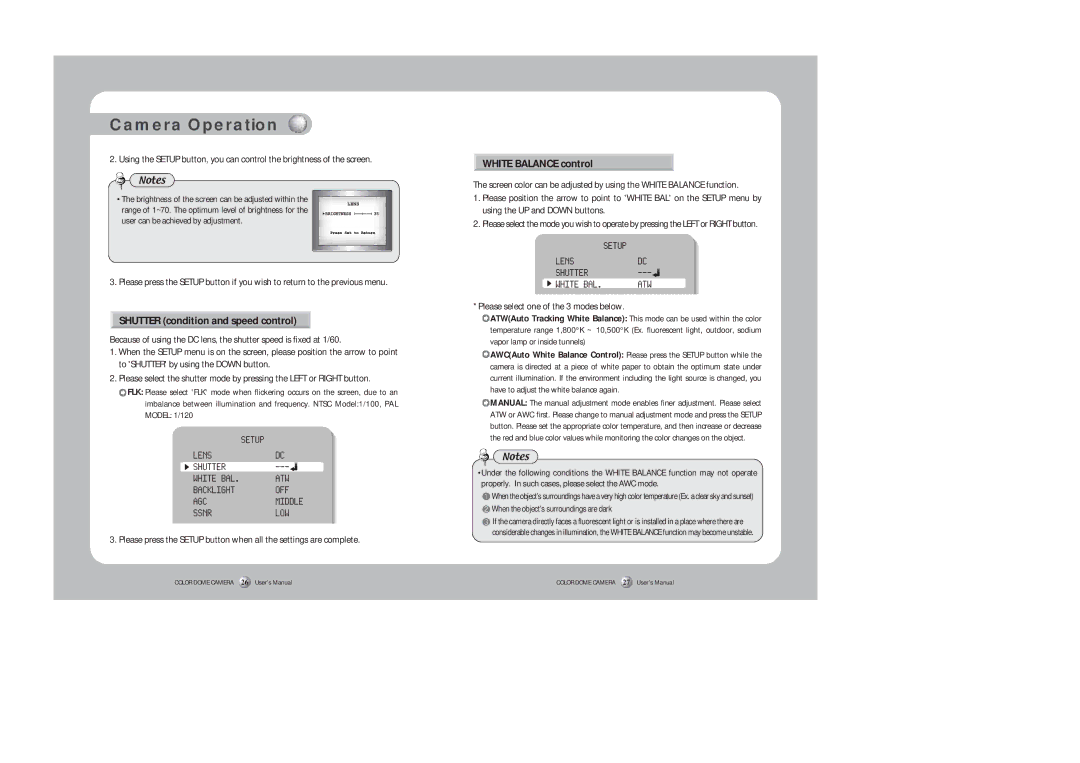 Samsung SID-450 instruction manual Shutter condition and speed control, White Balance control 