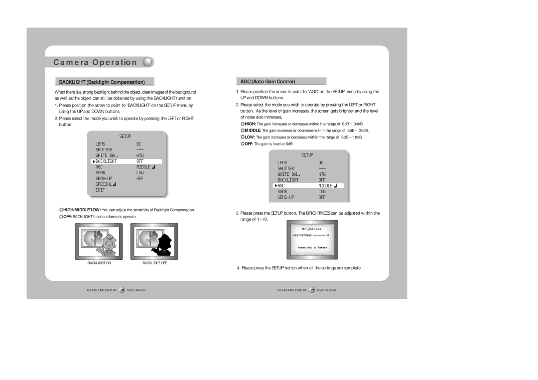 Samsung SID-450 instruction manual Backlight Backlight Compensation, AGC Auto Gain Control 