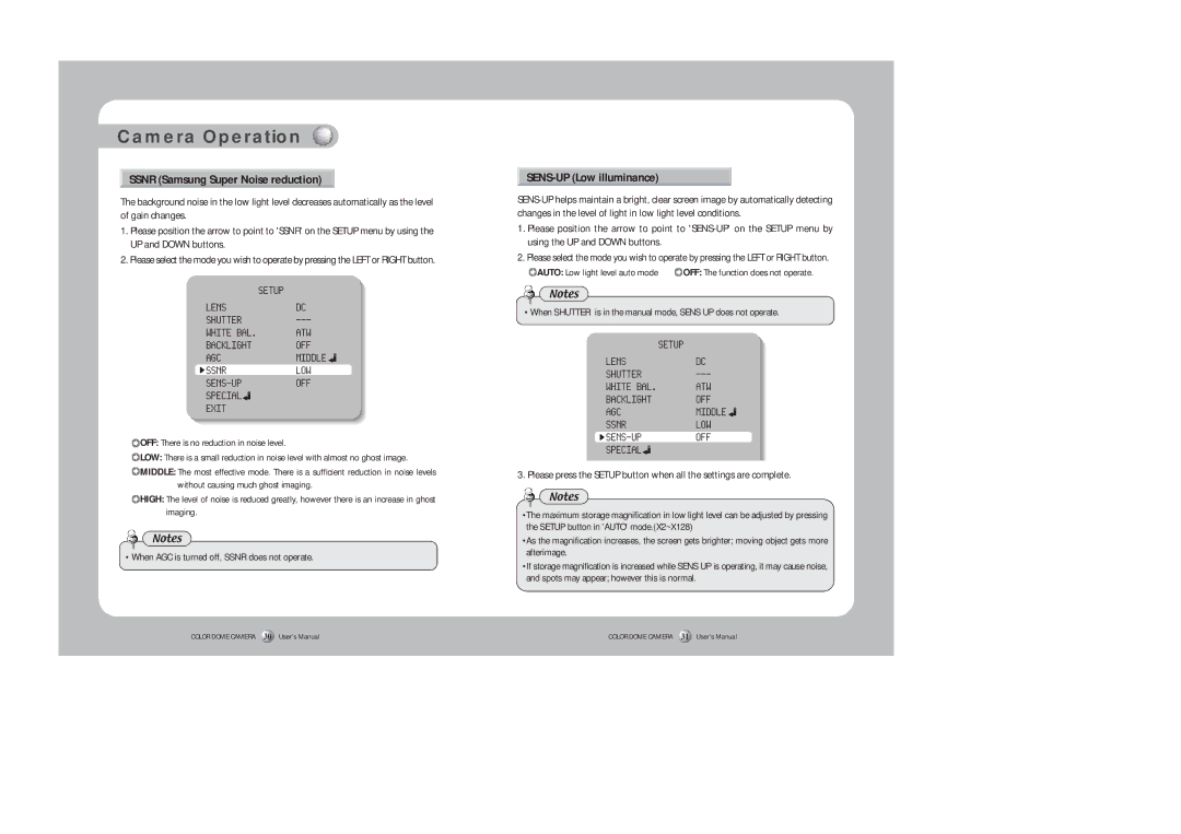 Samsung SID-450 instruction manual Ssnr Samsung Super Noise reduction, SENS-UP Low illuminance 