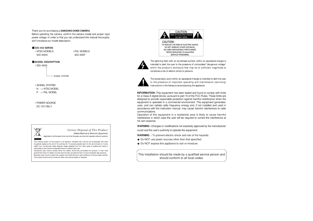 Samsung SID-450 instruction manual Correct Disposal of This Product 