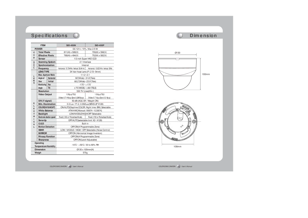 Samsung SID-450 instruction manual Specifications, Dimension 