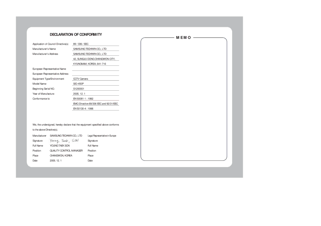 Samsung SID-450 instruction manual Declaration of Conformity 