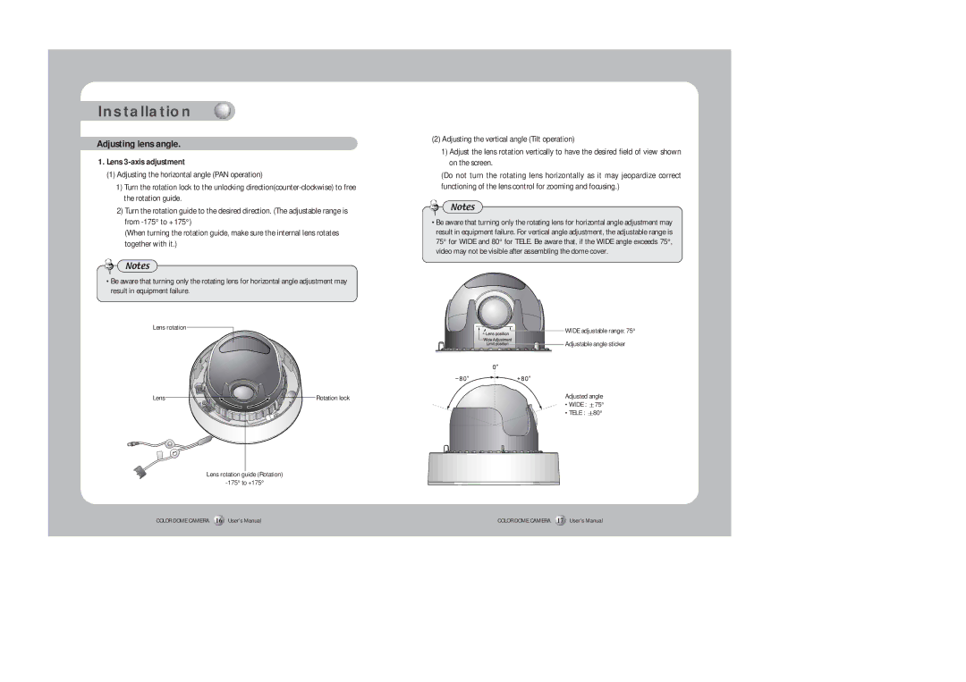 Samsung SID-450 instruction manual Adjusting lens angle, Lens 3-axis adjustment 