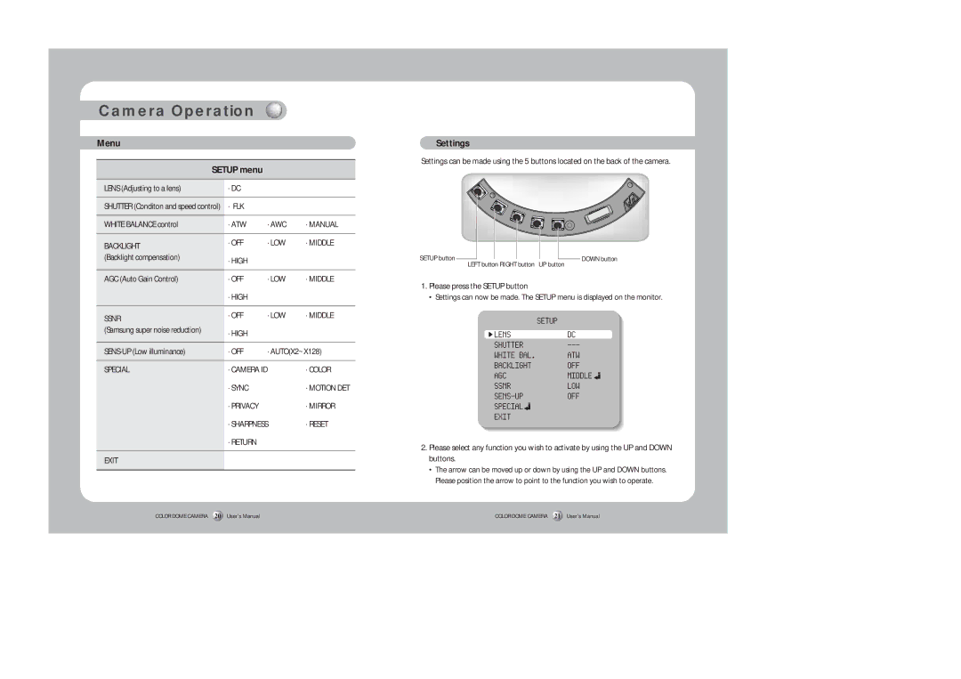 Samsung SID-452 instruction manual Camera Operation, Menu Setup menu, Settings, Please press the Setup button 