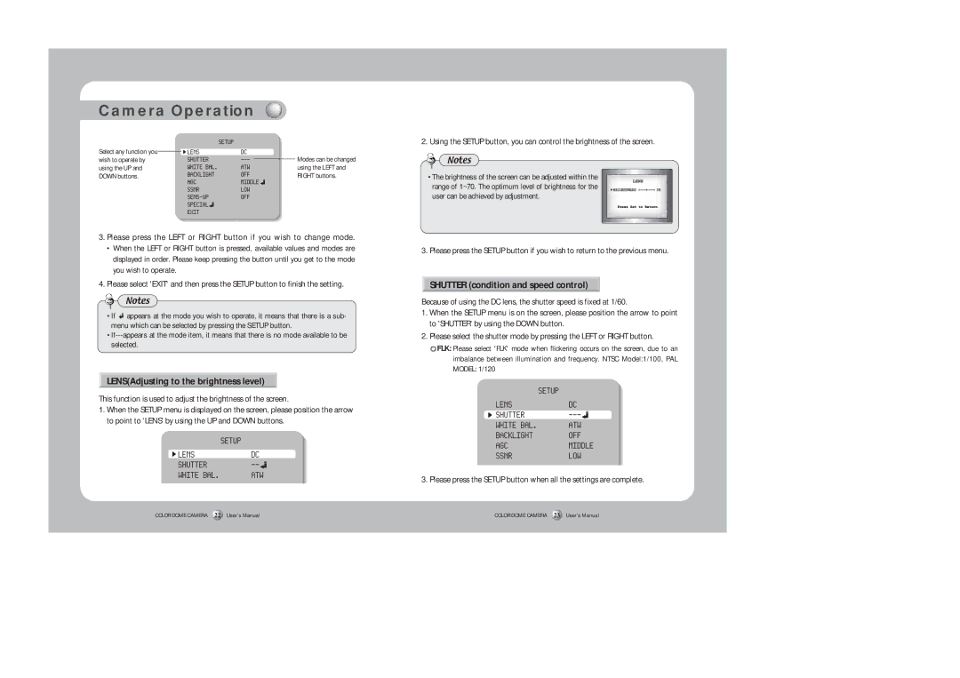 Samsung SID-452 instruction manual LENSAdjusting to the brightness level, Shutter condition and speed control 