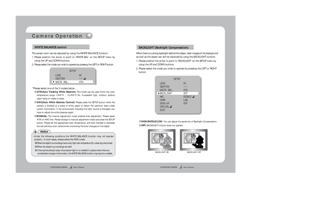 Samsung SID-452 White Balance control, Backlight Backlight Compensation, Please select one of the 3 modes below 