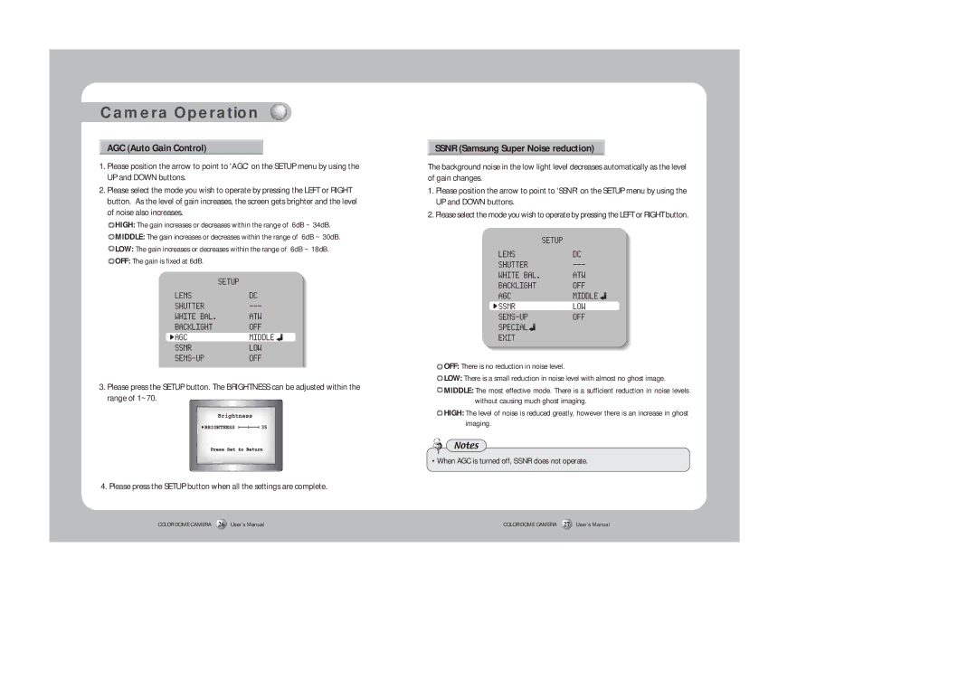 Samsung SID-452 AGC Auto Gain Control, Ssnr Samsung Super Noise reduction, OFF There is no reduction in noise level 