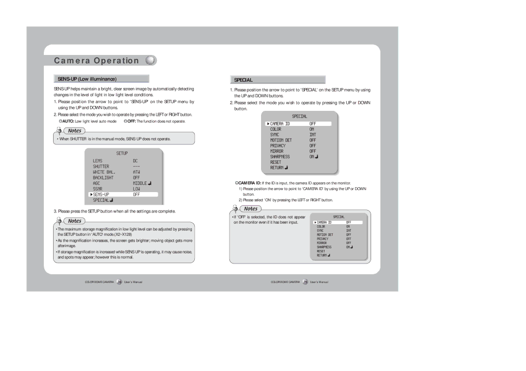 Samsung SID-452 instruction manual SENS-UP Low illuminance, Auto Low light level auto mode 