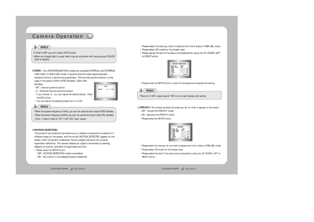 Samsung SID-452 instruction manual Motion Detection, OFF Cancels the Privacy mode 