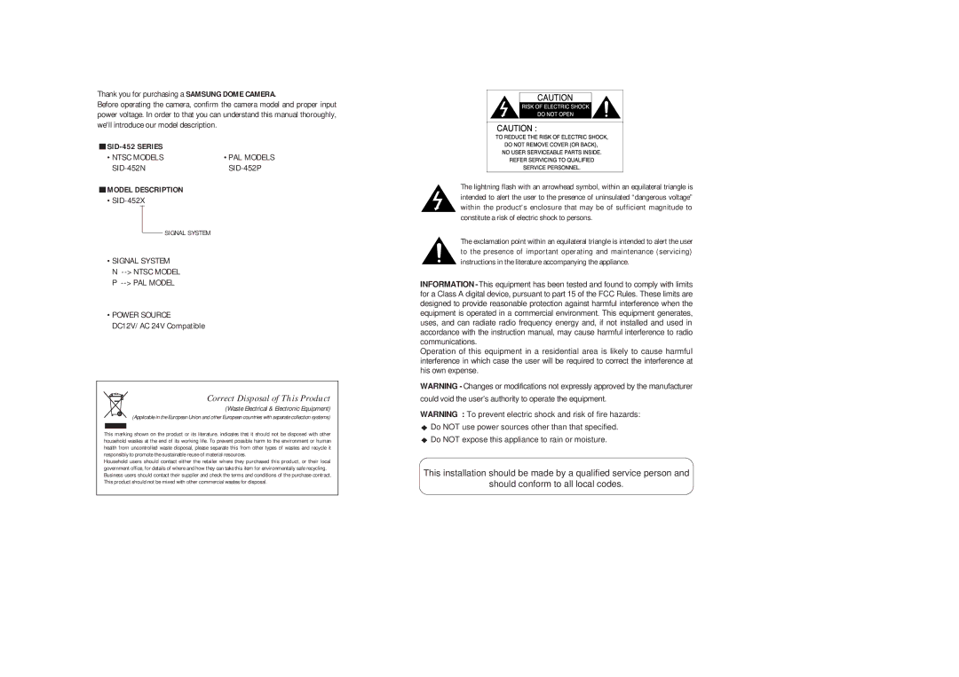 Samsung SID-452 instruction manual Correct Disposal of This Product 