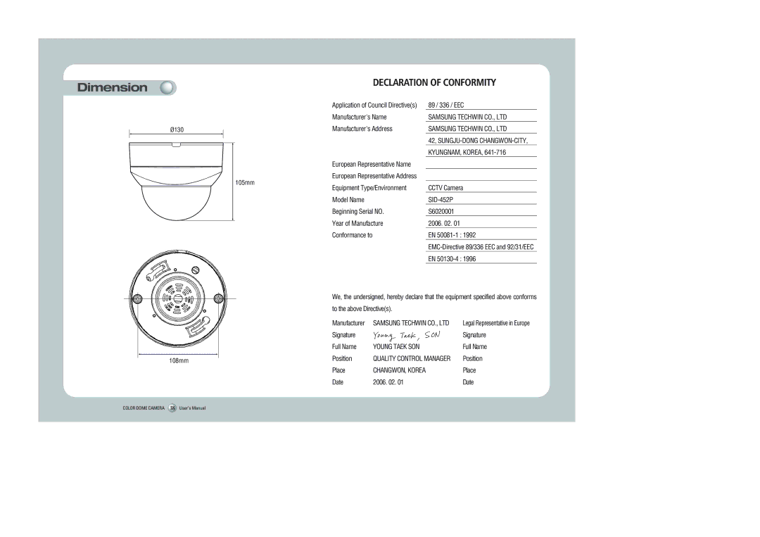 Samsung SID-452 instruction manual Dimension 