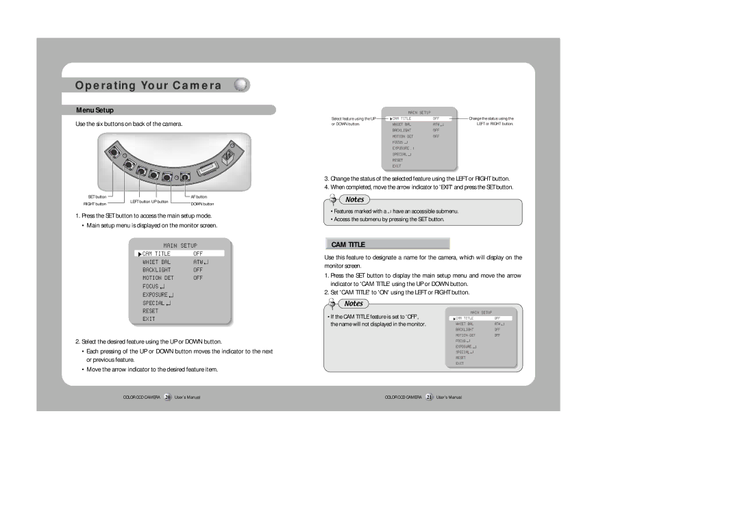 Samsung SID-500 user manual Menu Setup, CAM Title, Use the six buttons on back of the camera 