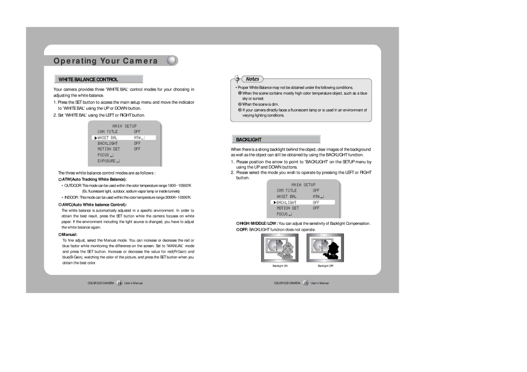 Samsung SID-500 user manual White Balance Control, Backlight, Set White BAL using the Left or Right button 