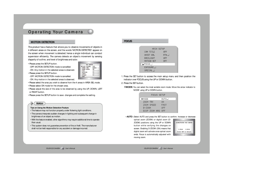 Samsung SID-500 user manual Motion Detection, Focus, On Any motion in the selected areas is observed, Press the SET button 