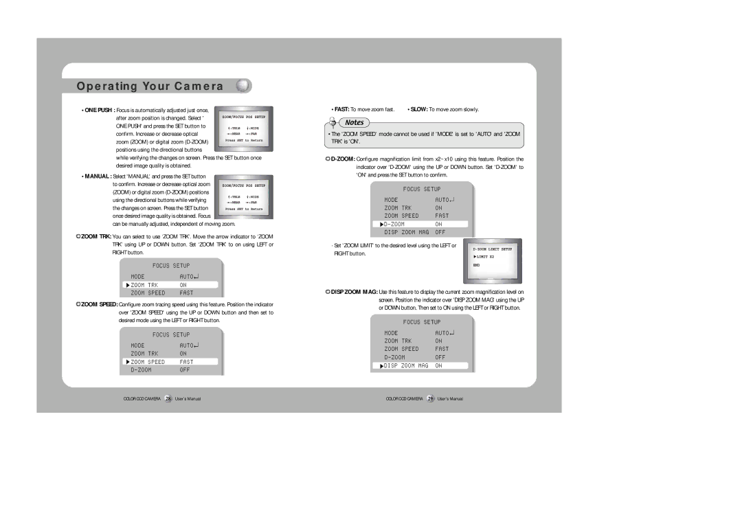 Samsung SID-500 ONE Push Focus is automatically adjusted just once, Manual Select Manual and press the SET button 