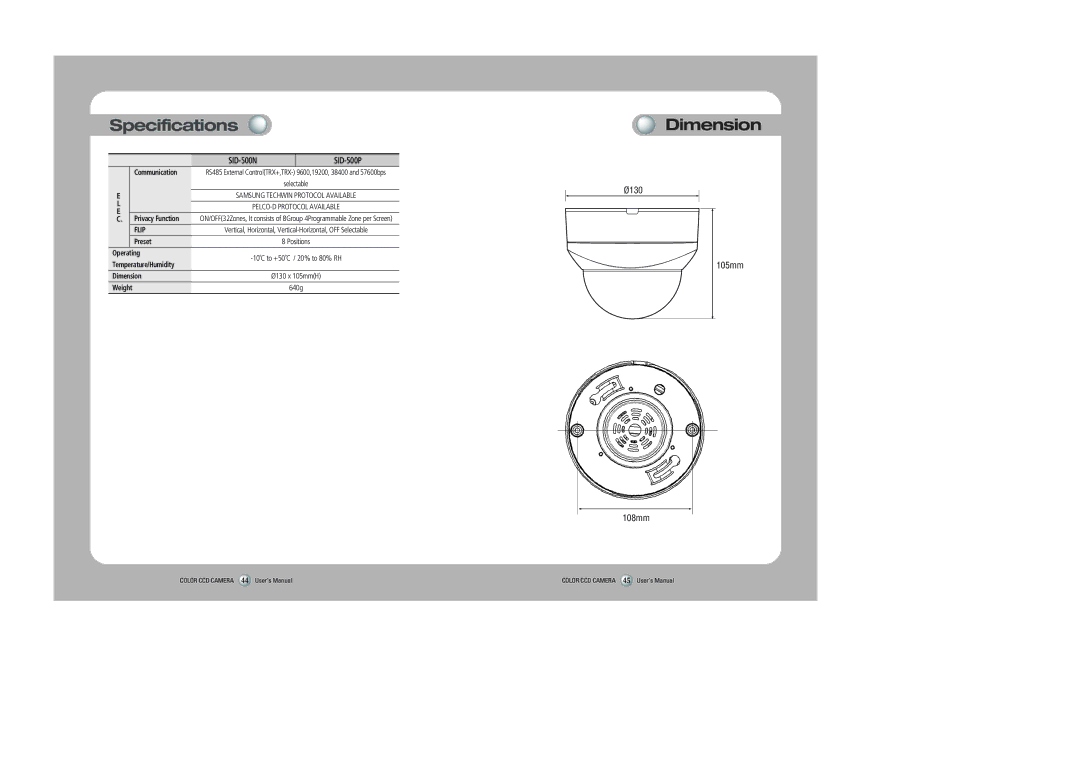 Samsung SID-500 user manual Dimension, Communication 