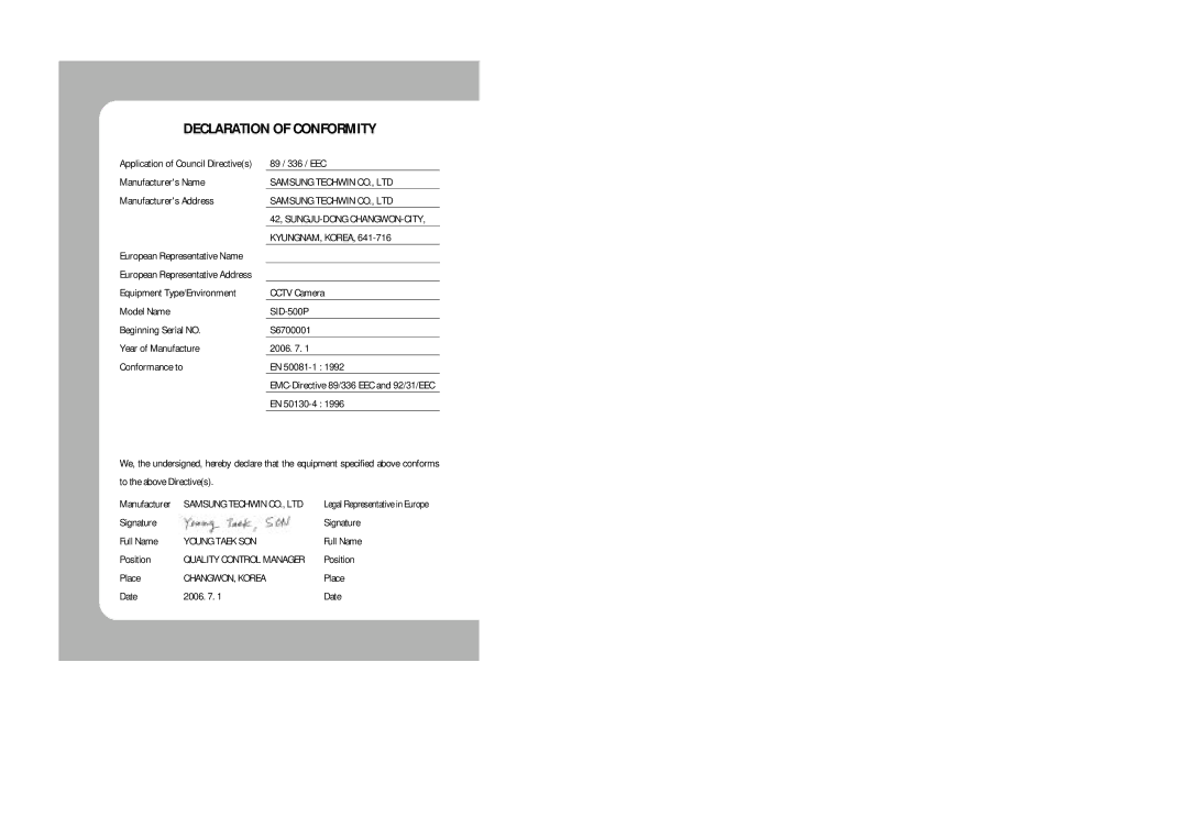 Samsung SID-500 user manual Declaration of Conformity 