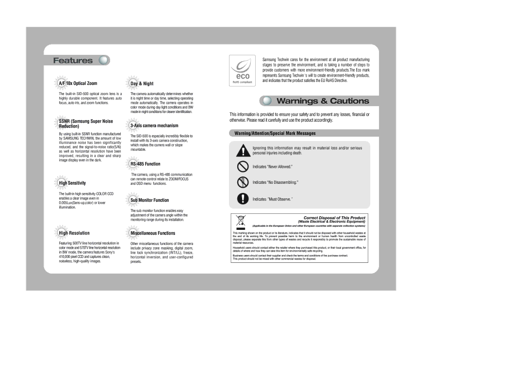 Samsung SID-500 user manual Features, 10x Optical Zoom 