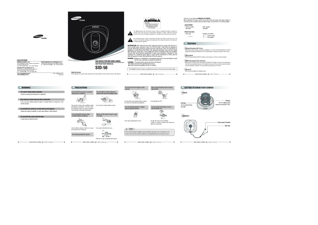 Samsung SID-50P instruction manual Features, Precautions, Getting to Know Your Camera 