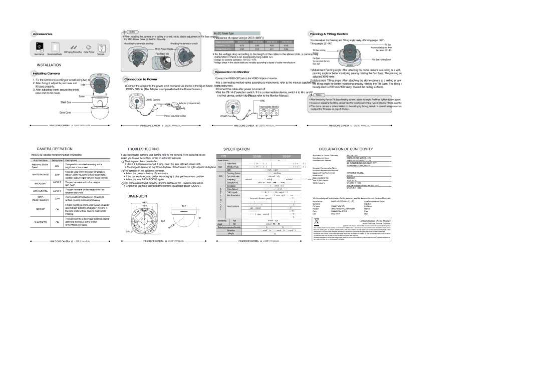 Samsung SID-50P Installation, Camera Operation, Trobleshooting, Specification, Declaration of Conformity, Dimension 