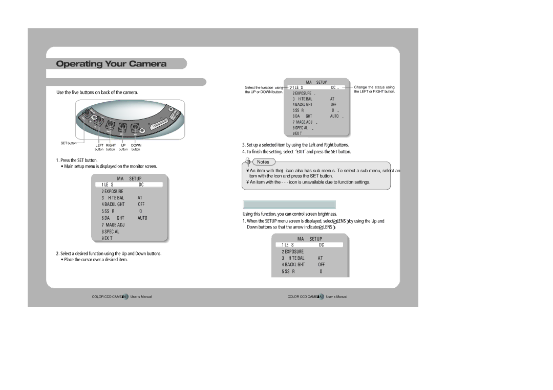 Samsung SID-560 user manual Menu Setup, Lens, Using this function, you can control screen brightness 