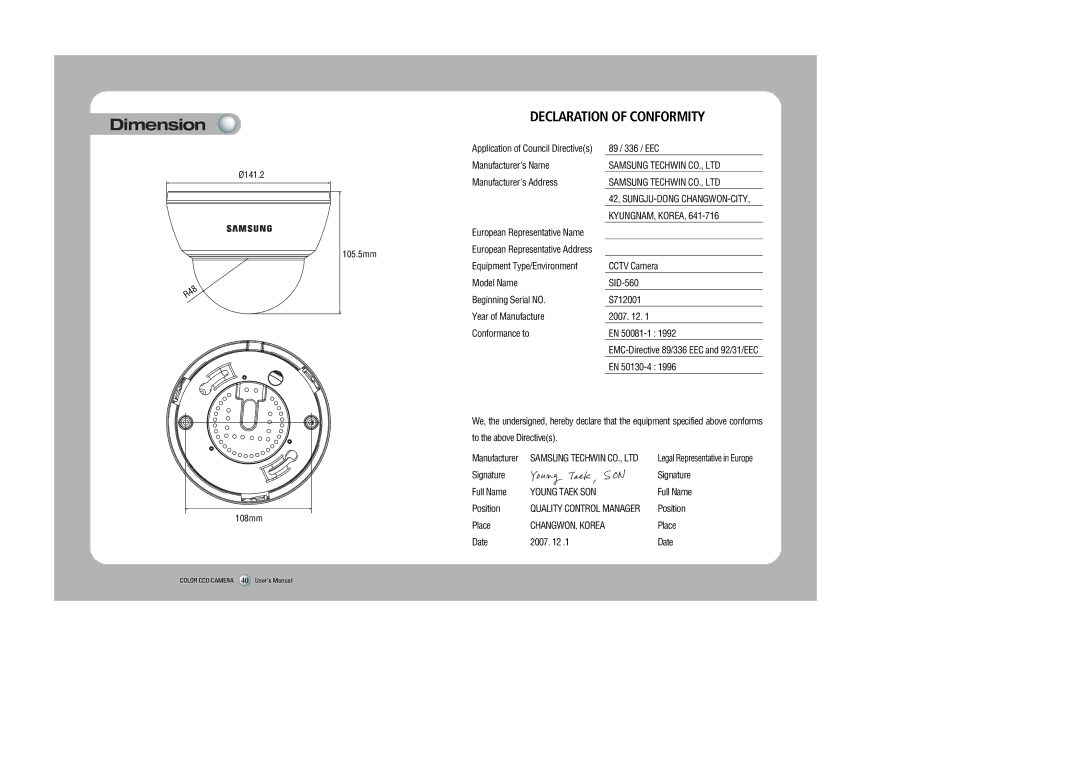 Samsung SID-560 user manual Dimension, Declaration of Conformity 