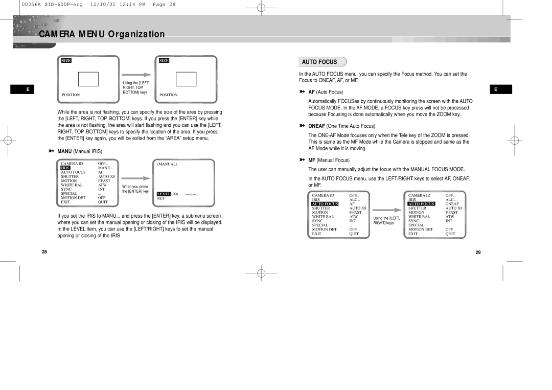 Samsung SID-600P manual Auto Focus, Manu Manual Iris, Size, Level 