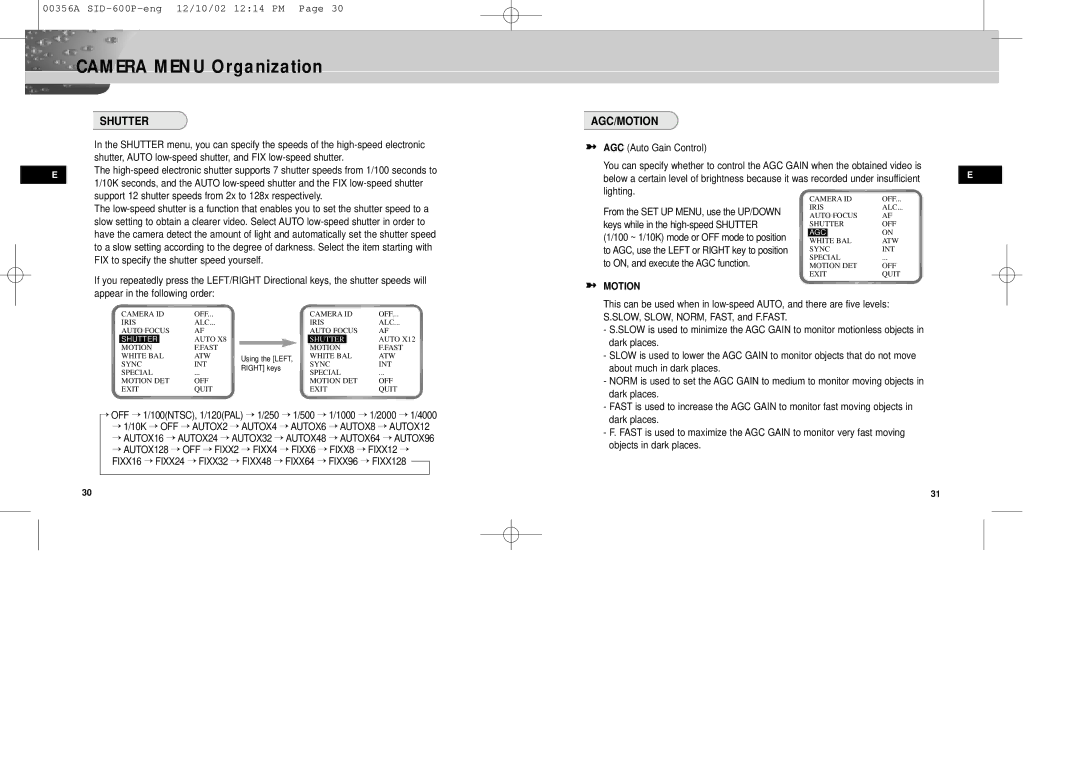 Samsung SID-600P manual Shutter, Agc/Motion 