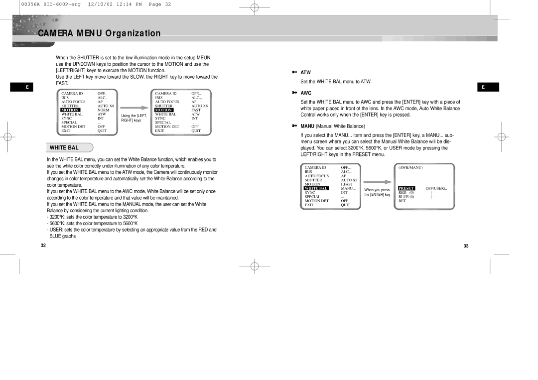 Samsung SID-600P manual Atw, Set the White BAL menu to ATW, Awc 