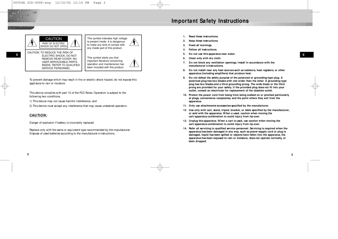 Samsung SID-600P manual Important Safety Instructions, Risk of Electric Shock do not Open 