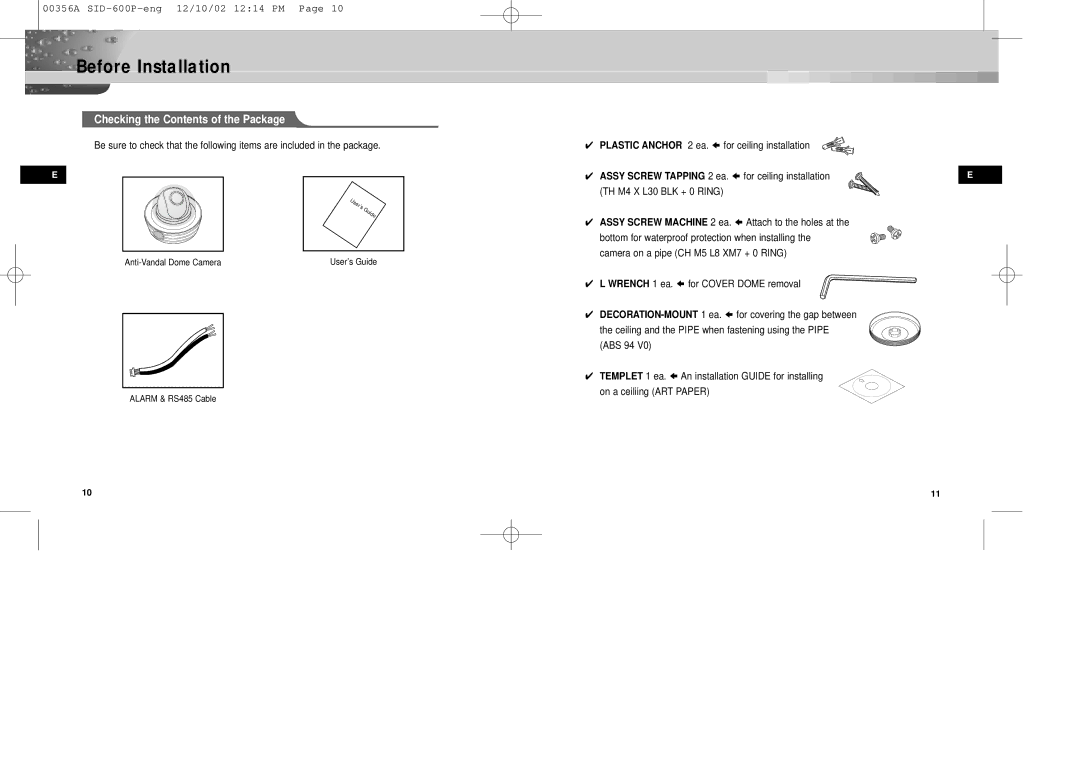 Samsung SID-600P manual Before Installation, Checking the Contents of the Package 