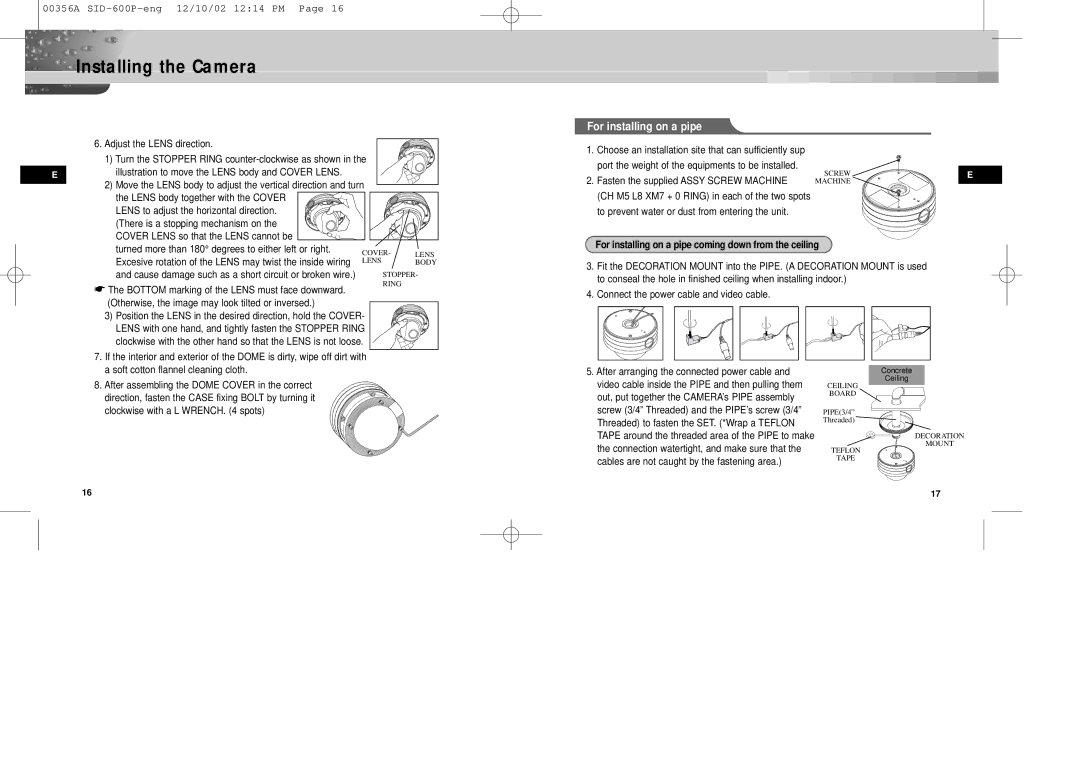 Samsung SID-600P manual For installing on a pipe, Fasten the supplied Assy Screw Machine 