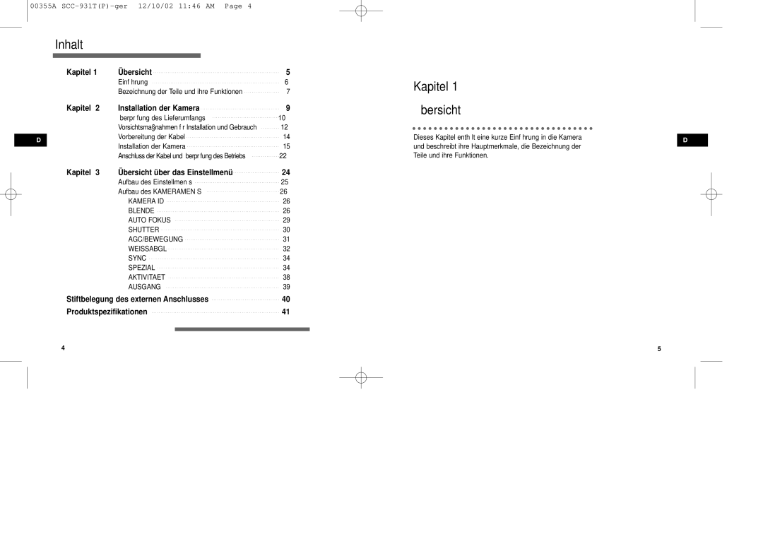 Samsung SID-600P manual Inhalt, Kapitel Installation der Kamera, Kapitel Übersicht über das Einstellmenü 