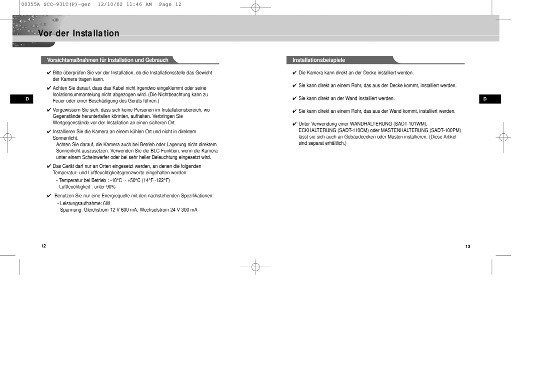 Samsung SID-600P manual Vorsichtsmaßnahmen für Installation und Gebrauch, Installationsbeispiele 