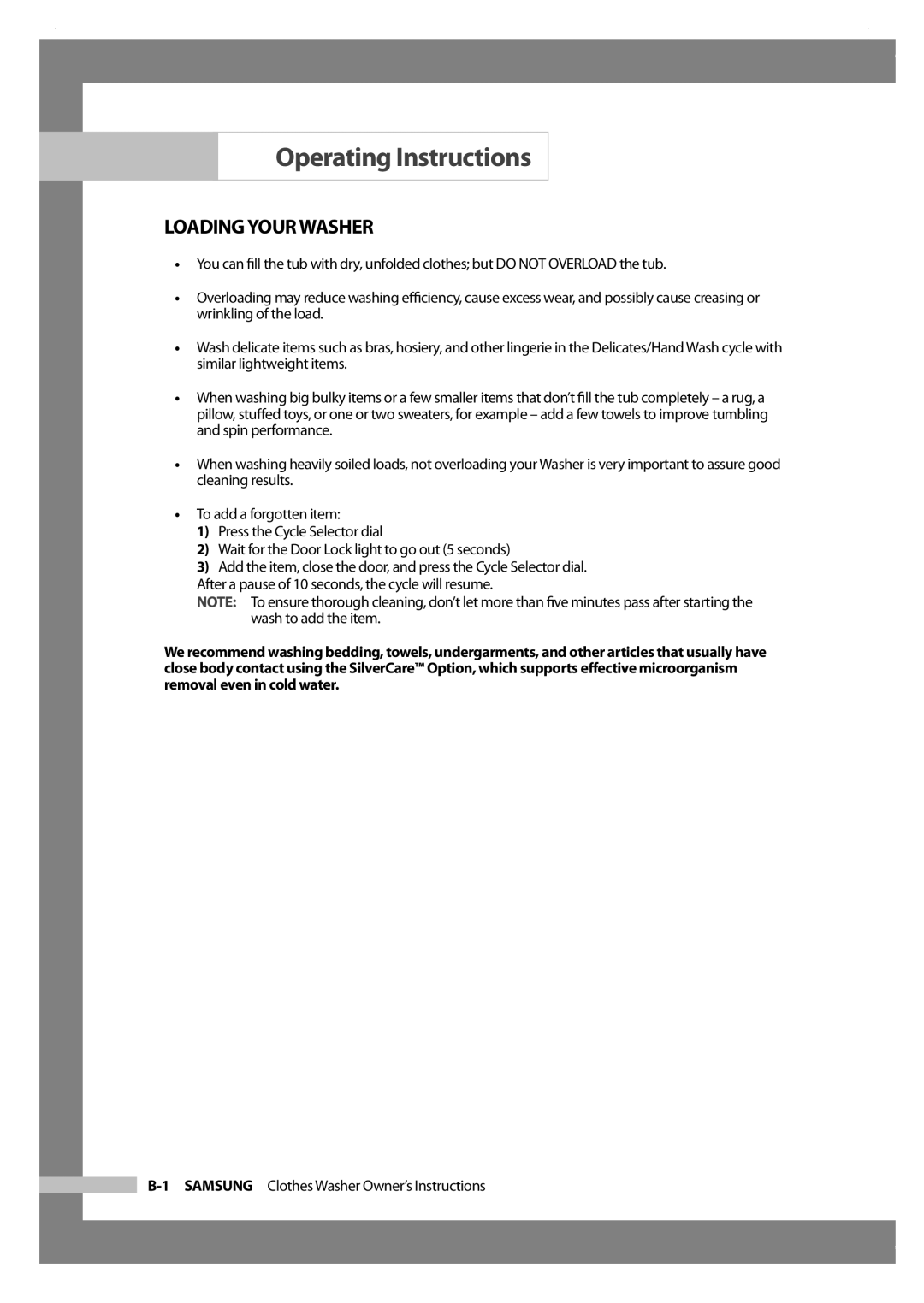 Samsung Silver Care Washer owner manual Operating Instructions, Loading Your Washer 