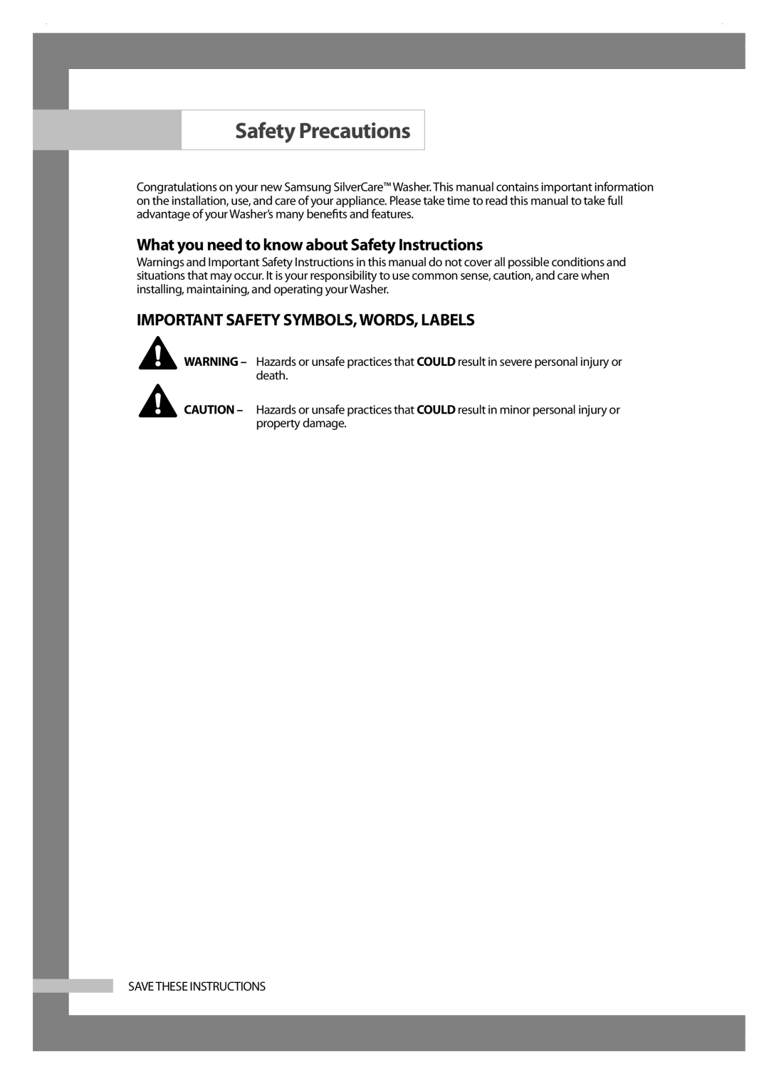 Samsung Silver Care Washer owner manual Safety Precautions, Important Safety SYMBOLS, WORDS, Labels 