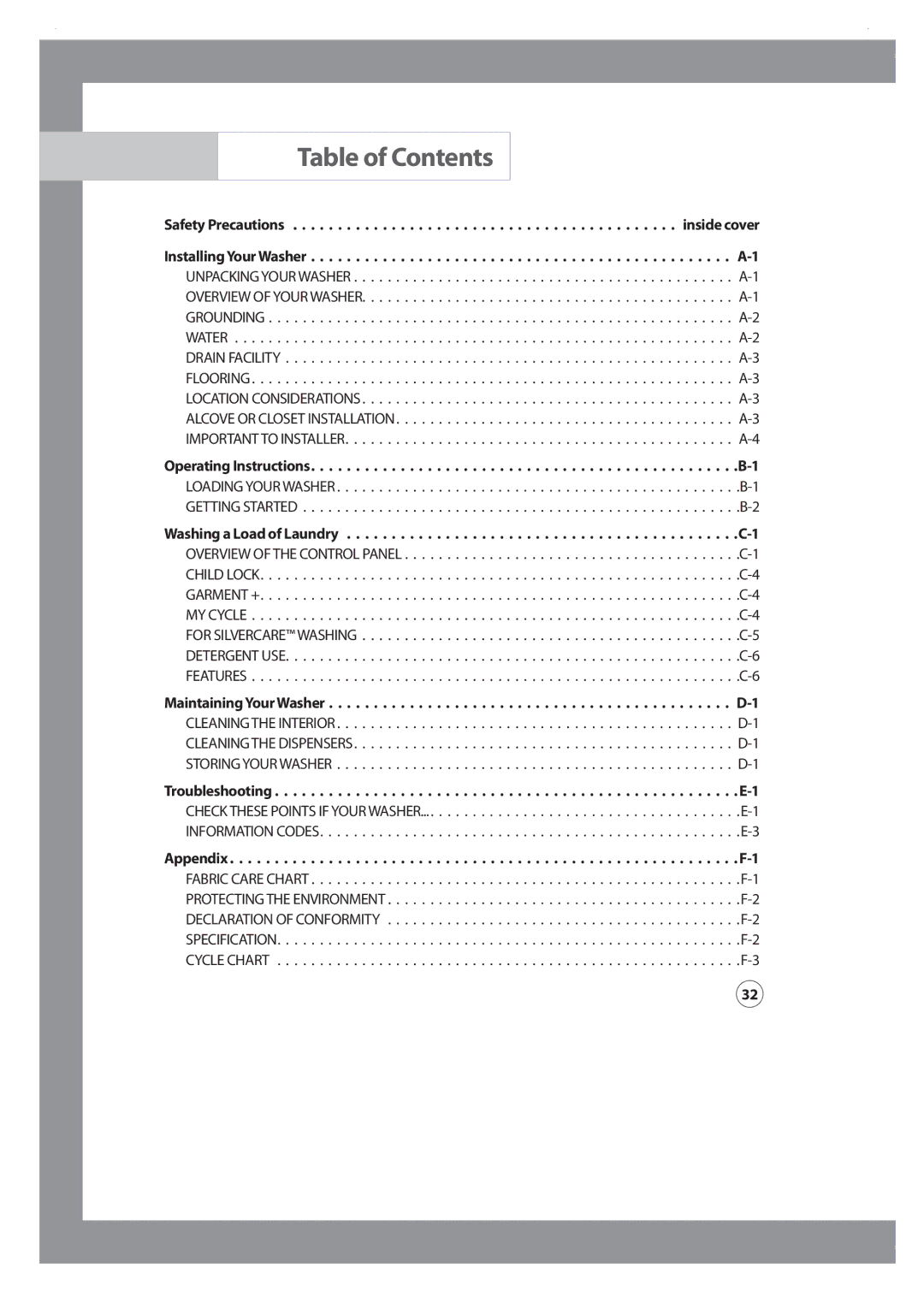 Samsung Silver Care Washer owner manual Table of Contents 