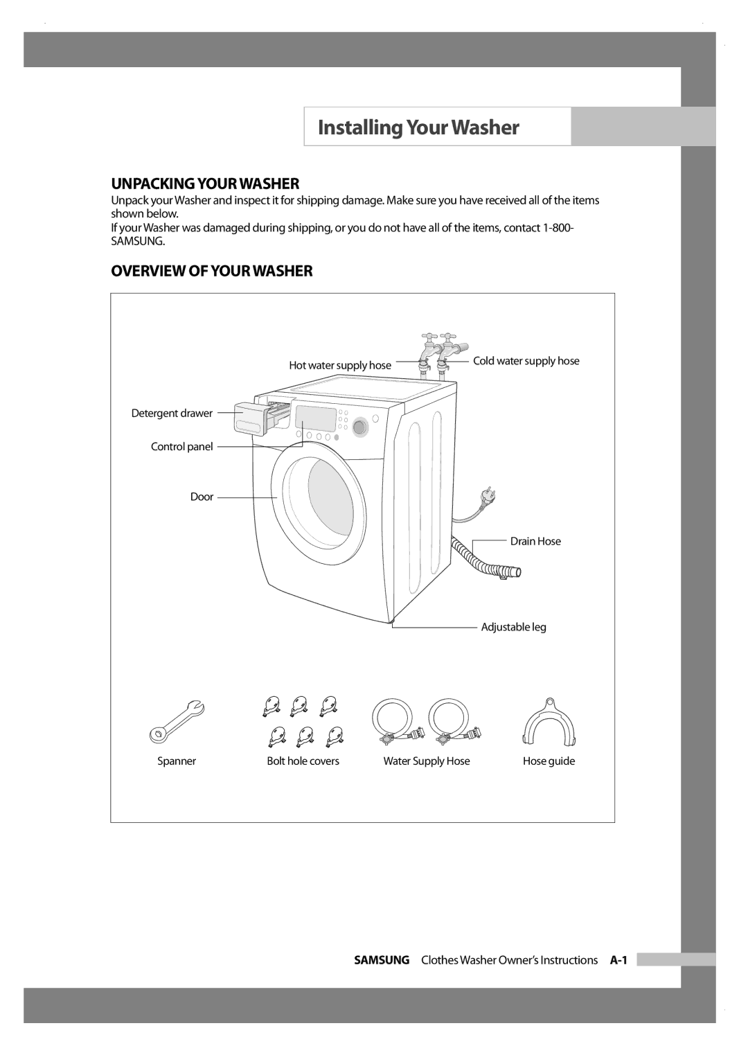 Samsung Silver Care Washer owner manual Installing Your Washer, Unpacking Your Washer, Overview of Your Washer 