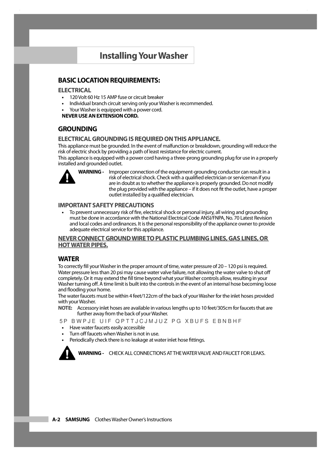 Samsung Silver Care Washer owner manual Basic Location Requirements, Grounding, Water 