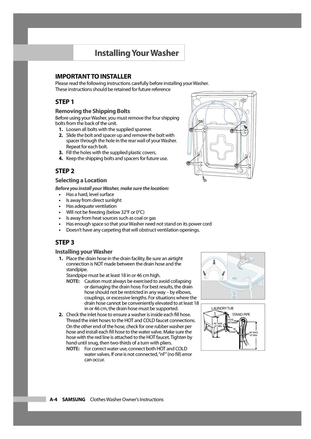 Samsung Silver Care Washer owner manual Important to Installer, Step, Removing the Shipping Bolts, Selecting a Location 