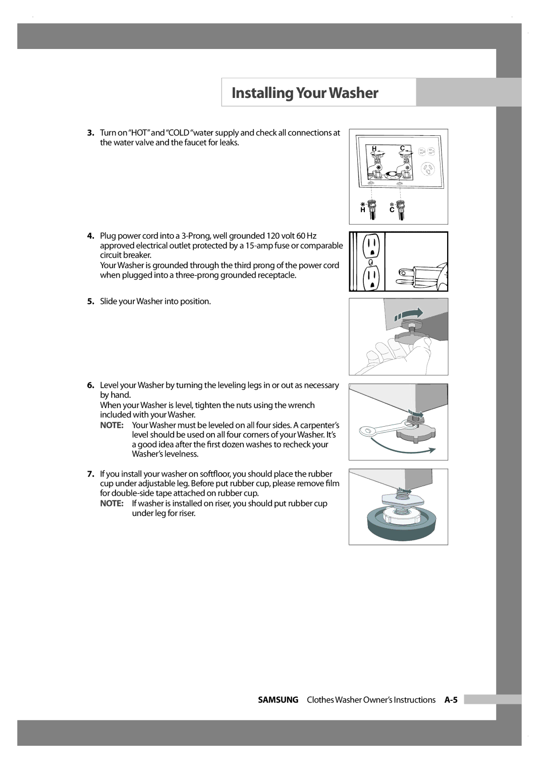 Samsung Silver Care Washer owner manual Installing Your Washer 