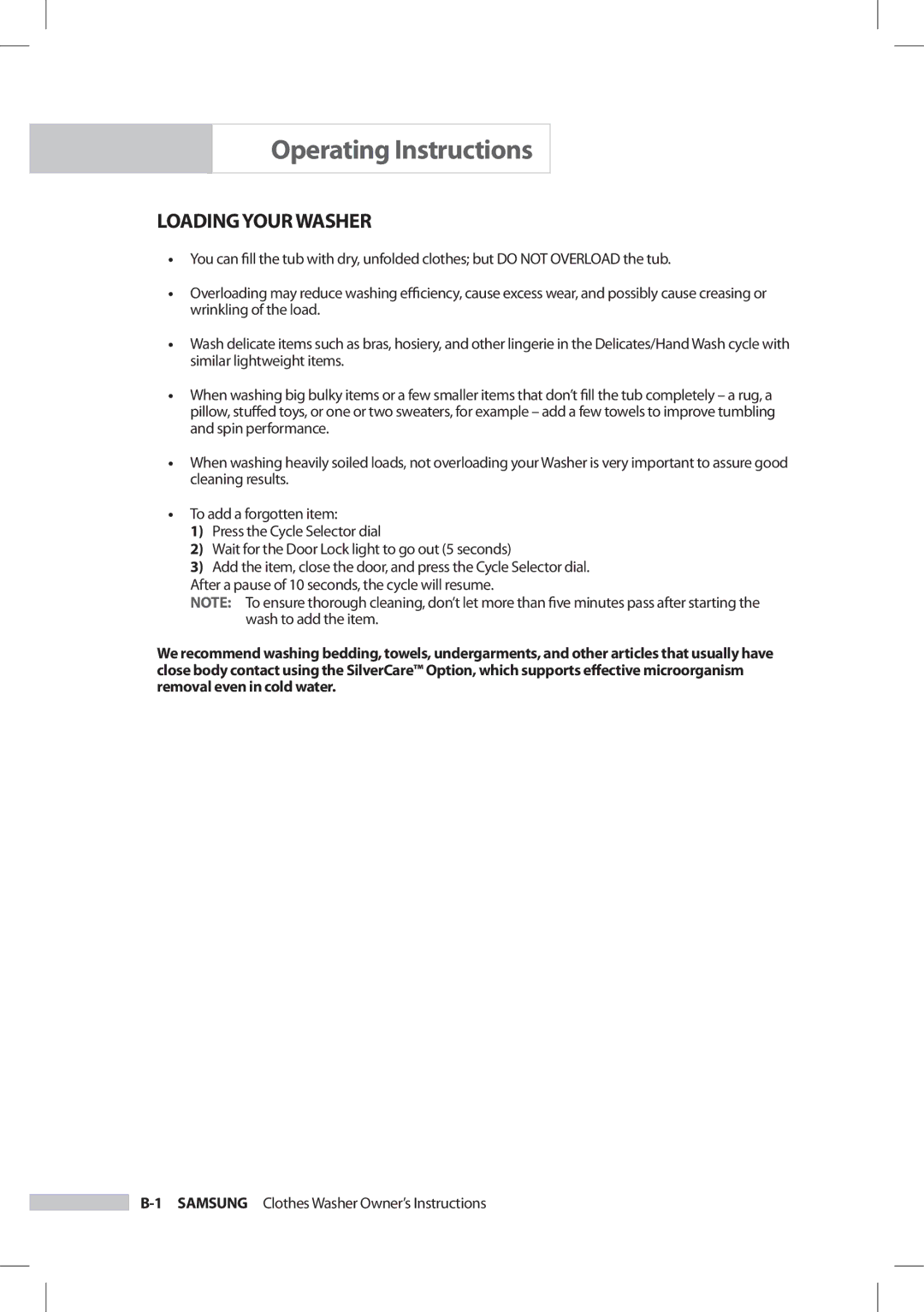 Samsung SilverCare Washer owner manual Operating Instructions, Loading Your Washer 