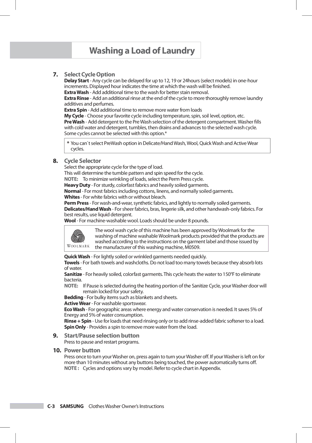 Samsung SilverCare Washer owner manual Select Cycle Option, Cycle Selector, Start/Pause selection button, Power button 