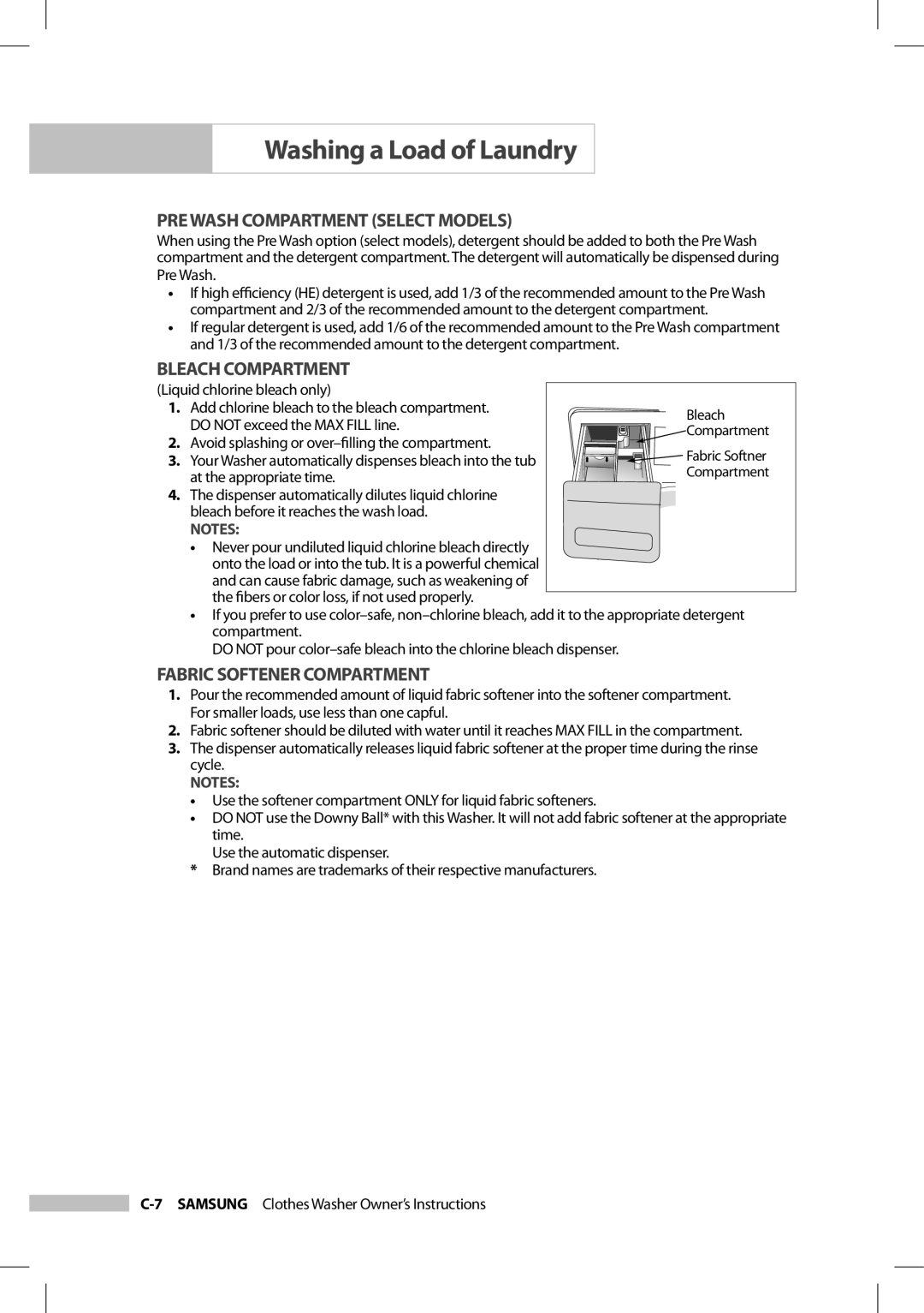 Samsung SilverCare Washer owner manual PRE Wash Compartment Select Models, Bleach Compartment, Fabric Softener Compartment 